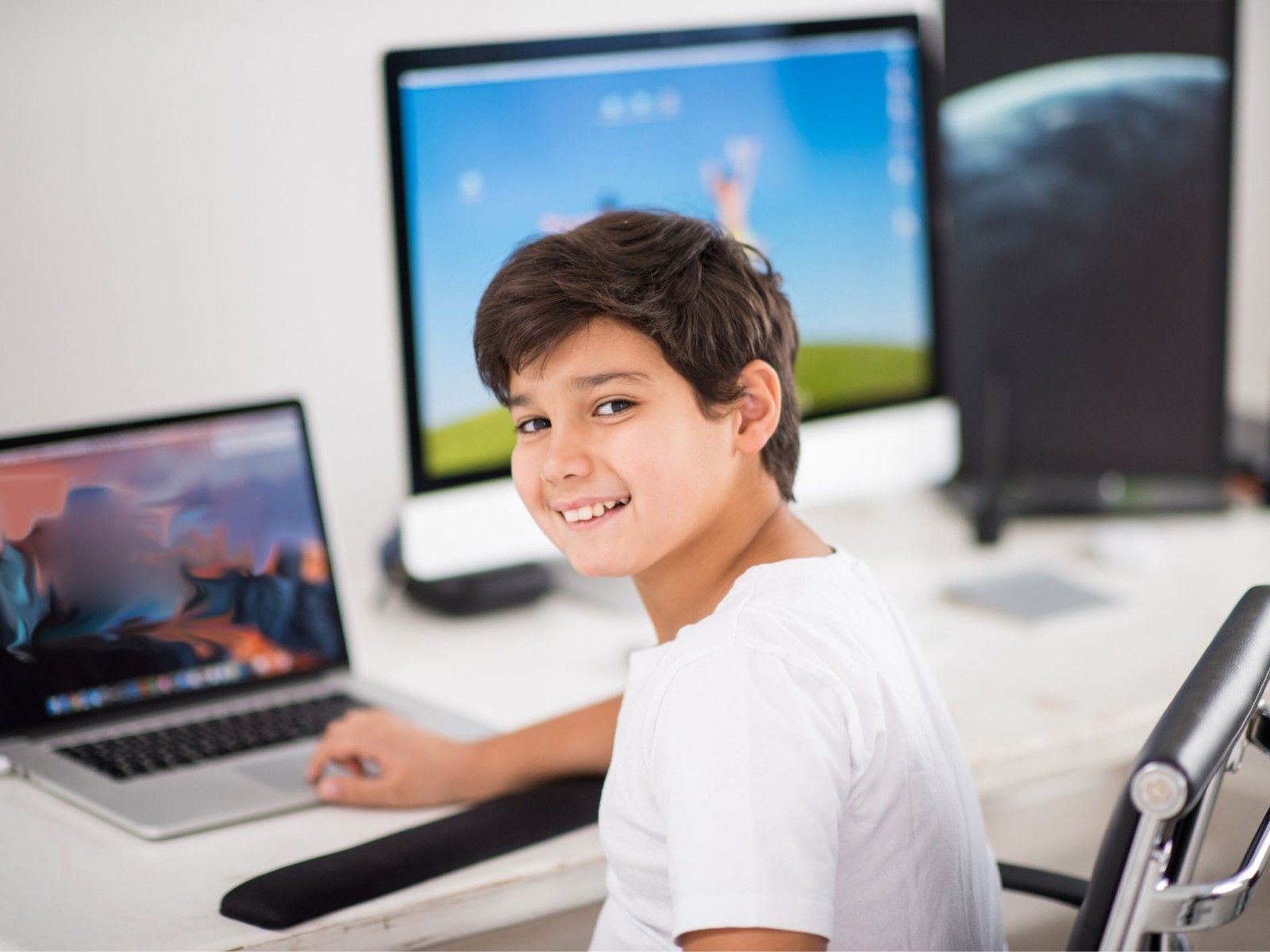 Boy looking up from studying