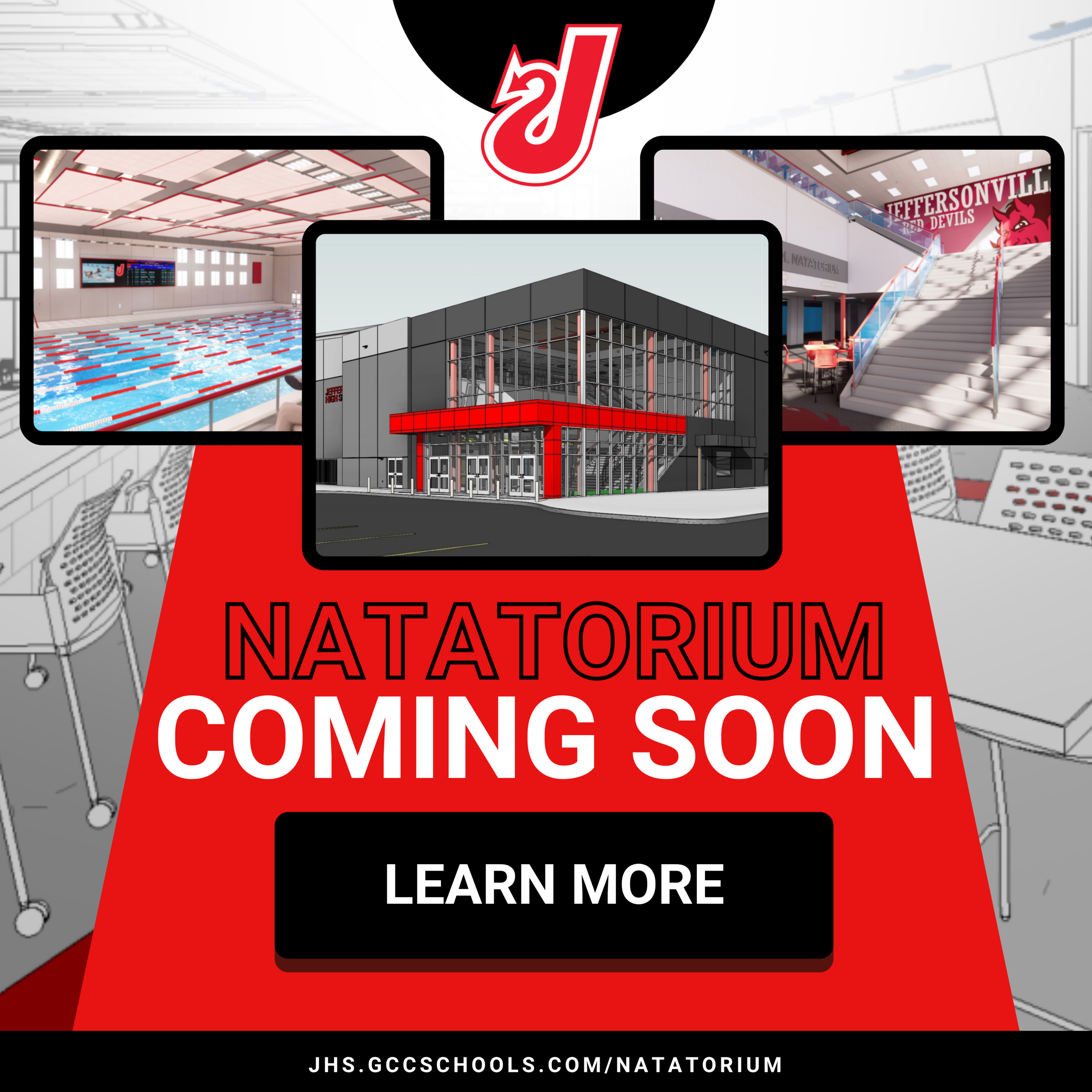 Promotional poster announcing a new natatorium; three screens show a swimming pool, a modern building facade, and a school interior; bold red banner reads NATATORIUM COMING SOON with a Learn More button.