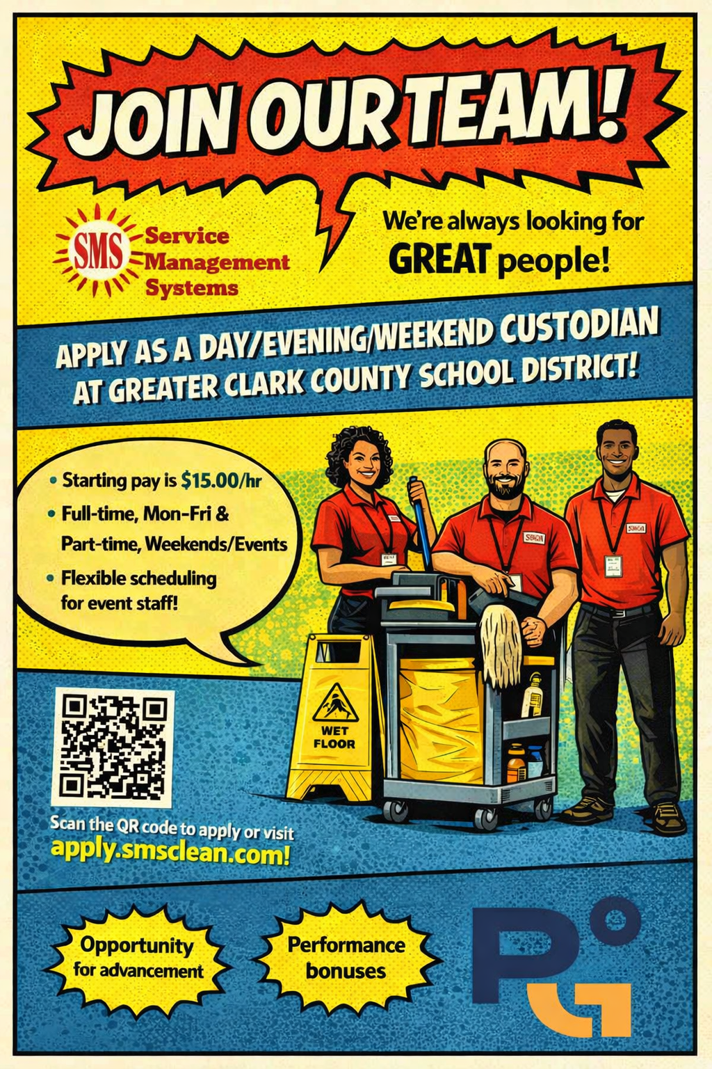 Bold recruitment poster: 'Join Our Team!' with three smiling staff in red shirts beside a cart, QR code on the left, and bullet points about pay and scheduling in a comic-style layout.