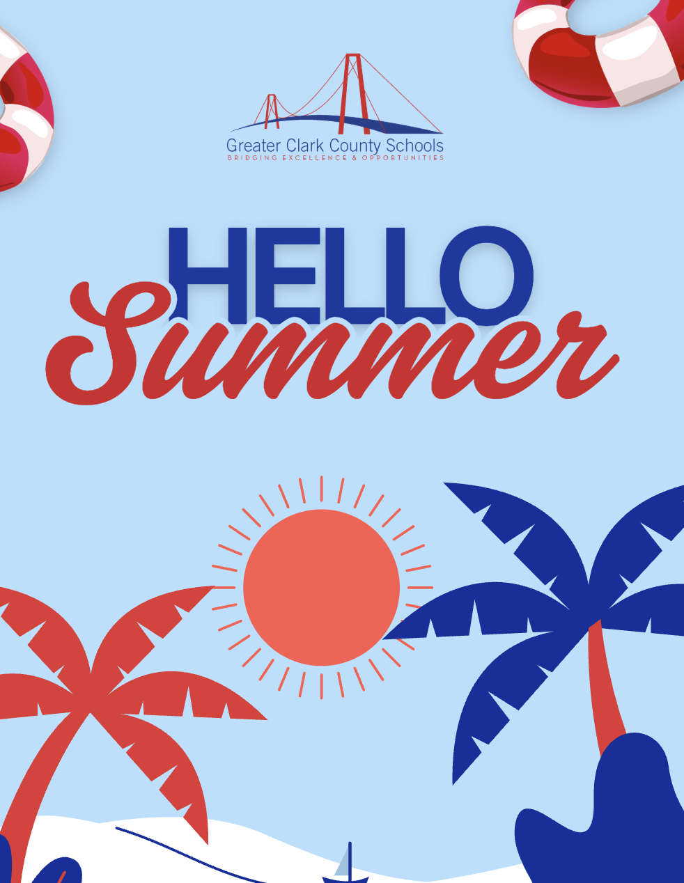 Bright summer-themed banner for Greater Clark County Schools featuring the text 'Hello Summer,' a red sun, blue sky, and red/blue palm trees with life preservers in the corners.